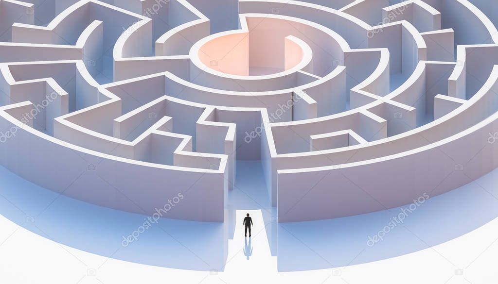 Man in suit standing in front of a circular or concentric maze entrance. Aerial. Abstract and conceptual 3d render illustration.