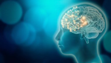 3d render insan kafa profili ile Pcb beyin. Yapay zeka veya Yapay Zeka kavramları. Fütüristik veya gelişmiş bilim ve teknoloji karma medya illüstrasyon.