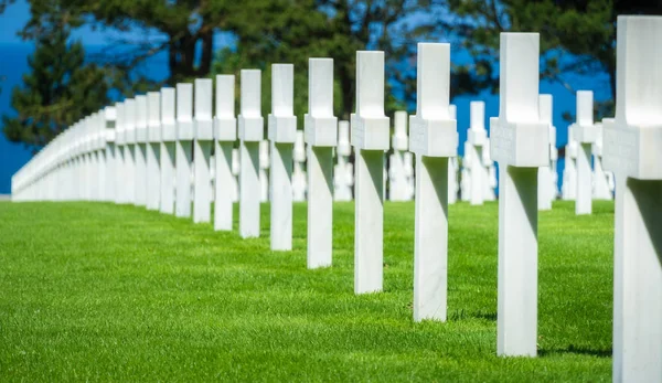 Rząd amerykańskich grobów wojskowych z białymi krzyże na pastwisku. D-Day Normandia American Cemetery, Colleville-sur-Mer, Francja. Selektywna koncentracja. — Zdjęcie stockowe