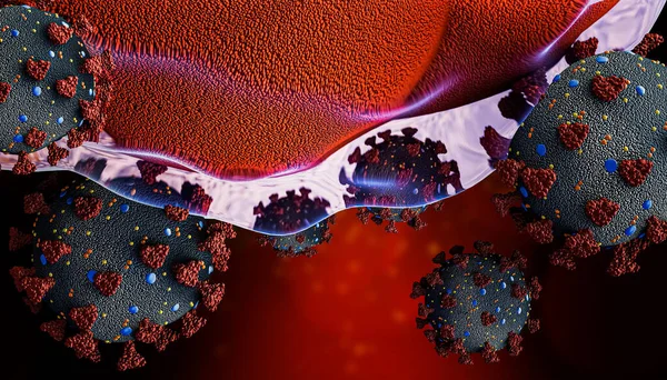 Coronavirus Covid Cellule Virali Close Invadere Infettare Attaccare Tessuto Cellulare — Foto Stock