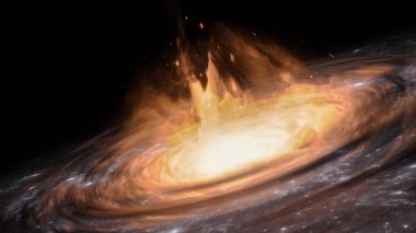 Quasar or black hole with accretion disk and gas clouds 3D rendering illustration. Outer space or spacescape concept. Artistic vision. clipart