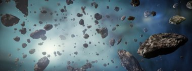 Asteroid field in a foggy atmosphere panorama landscape. Outer space scenery or spacescape 3D rendering illustration. clipart