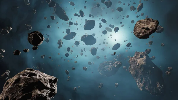Campo Asteroidi Paesaggio Nebbioso Atmosfera Scenario Spaziale Esterno Illustrazione Rendering — Foto Stock