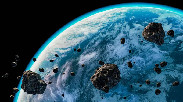 Kék Bolygó Vagy Exobolygó Atmoszférával Felhőkkel Aszteroidákkal Előtérben Spacescape Művész — Stock Fotó