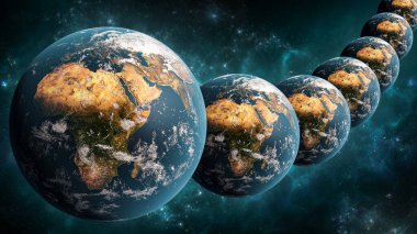 Birçok Dünya gezegeninin dış uzay manzarası 3D resimleme dizilimi veya dizilimi. Çoklu evren ya da paralel evren kavramı. NASA tarafından sağlanan dünya dokuları.