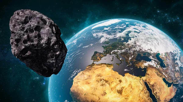 Asteroide Gigante Crociera Vicino Pianeta Terra Scenario Fuga Spaziale Paesaggio — Foto Stock