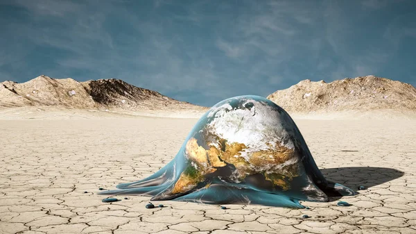 不毛の乾燥した環境の地面に惑星地球を溶かす 地球温暖化 生態学 気候変動の概念的な3Dレンダリング図 Nasaが提供する地球のテクスチャ — ストック写真