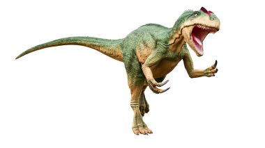 Allosaurus fragilis with attack or aggressive pose isolated on white background. Dinosaur realistic and scientific reconstitution. 3D rendering illustration. clipart