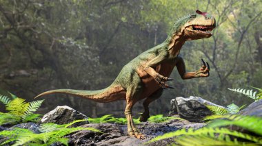 Ormandaki Allosaurus kırılganlığı. Dinozor gerçekçi ve bilimsel 3D resimleme yeniden anayasası.