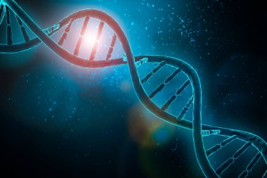 Mavi arkaplandaki DNA çift sarmal iplikçikleri kopya uzayı ile illüstrasyon oluşturur. Bilim, tıbbi, mikrobiyoloji, genetik kavramlar.