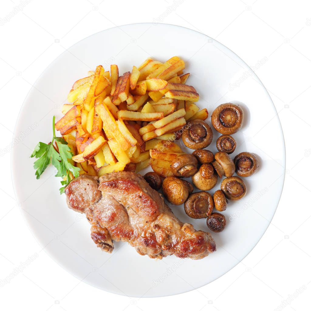 steak with fried potatoes and mushrooms isolated top view