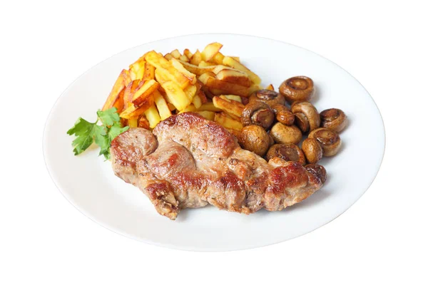 Steak with fried potatoes and mushrooms isolated side view — Stock Photo, Image