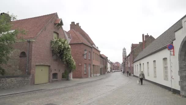 Одинокий чоловік йде по гарній старій вулиці з валізою Брюгс. — стокове відео