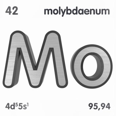 Mobibdenum (Mo). Elementlerin periyodik tablosunun kimyasal element işareti. 3d render. 