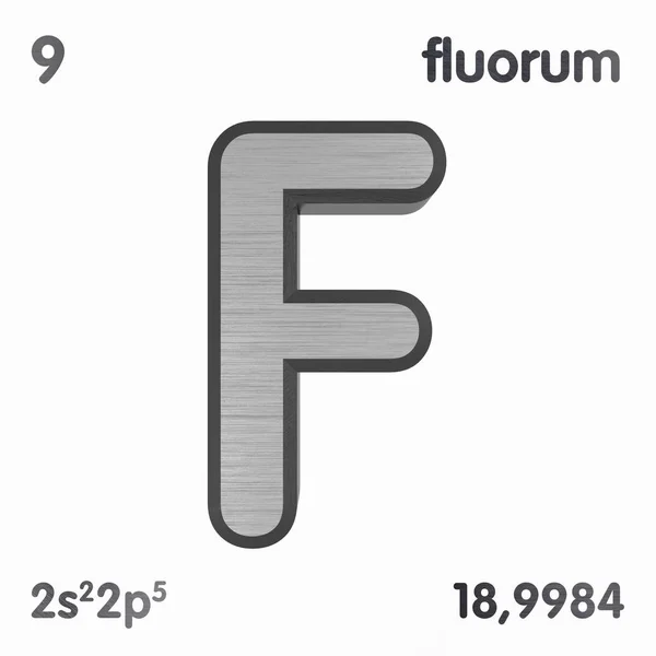 Fluor (F) nebo Fluorum. Značka chemického prvku periodické tabulky prvků. prostorové vykreslování. — Stock fotografie