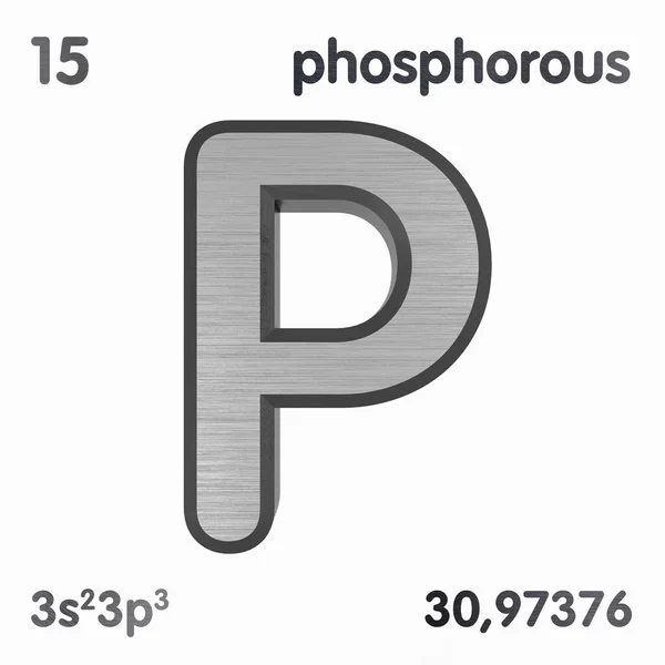 Fosforu (P). Oznaczenie pierwiastka chemicznego okresowego spisu pierwiastków. Renderowanie 3D. — Zdjęcie stockowe