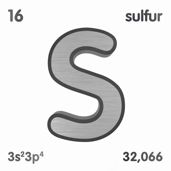 硫 （S） 或硫磺。元素周期表的化学元素标志。3d 渲染. — 图库照片