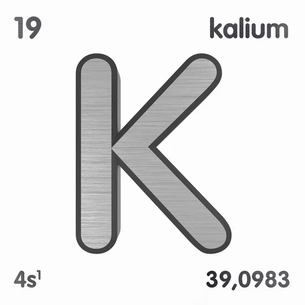 Калий (К) или Калий. Признак химического элемента периодической таблицы элементов. 3D рендеринг . — стоковое фото