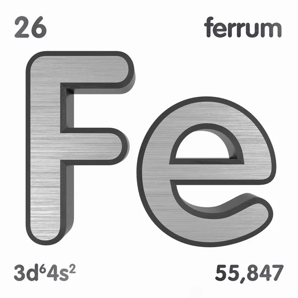 Ijzer (FE) of Ferrum. Chemisch element teken van periodieke tabel van elementen. 3D-rendering. — Stockfoto