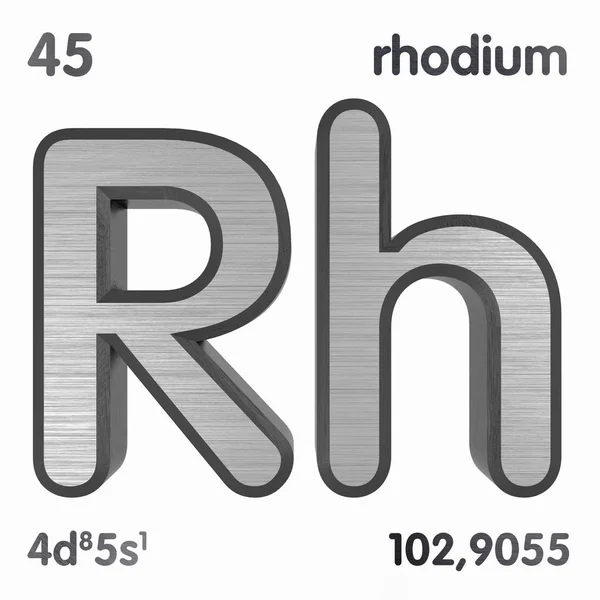 Rhodium (RH). Oznaczenie pierwiastka chemicznego okresowego spisu pierwiastków. Renderowanie 3D. — Zdjęcie stockowe