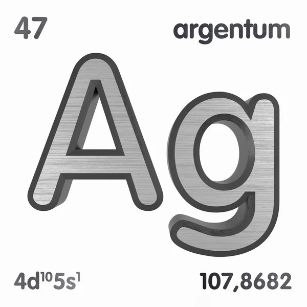 Srebro (AG) lub Argentum. Oznaczenie pierwiastka chemicznego okresowego spisu pierwiastków. Renderowanie 3D. — Zdjęcie stockowe