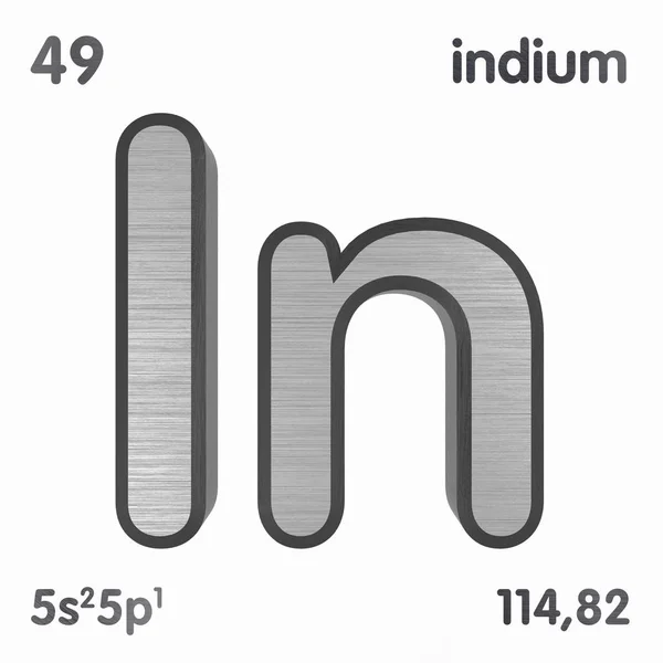 Indium (in). Chemisch element teken van periodieke tabel van elementen. 3D-rendering. — Stockfoto