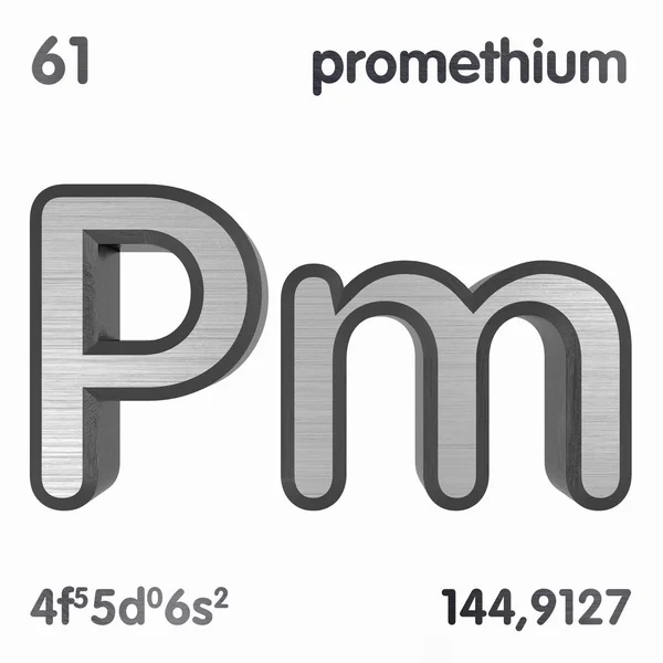 Promécio (Pm). Elemento químico sinal de tabela periódica de elementos. Renderização 3D . — Fotografia de Stock