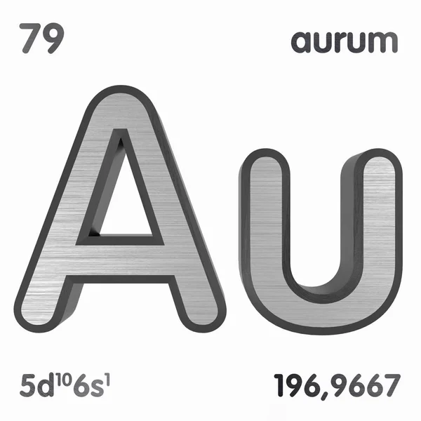 Goud (AU) of Aurum. Chemisch element teken van periodieke tabel van elementen. 3D-rendering. — Stockfoto