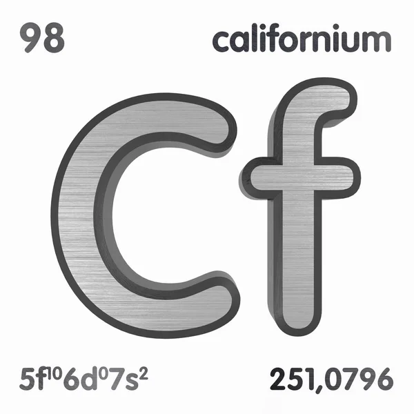 Kalifornien (cf). chemische Elementzeichen des Periodensystems der Elemente. 3D-Darstellung. — Stockfoto