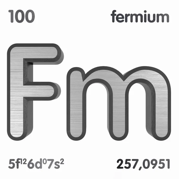 Fermium (FM). Chemisch element teken van periodieke tabel van elementen. 3D-rendering. — Stockfoto