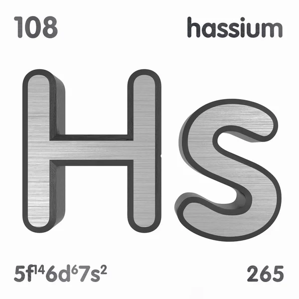 Hassium (HS). Chemisch element teken van periodieke tabel van elementen. 3D-rendering. — Stockfoto