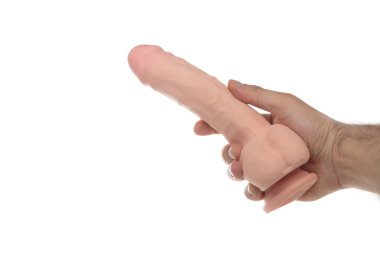 Realistic dildo in mans hand isolated on white