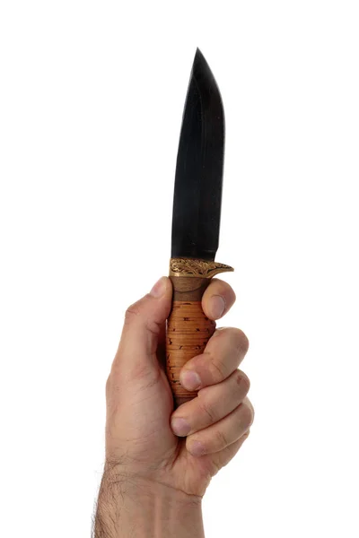 Męska ręka z nożem myśliwskim na białym tle — Zdjęcie stockowe