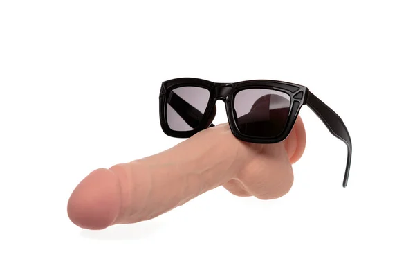 Big realistic dildo with sunglasses isolated on white. Mr Cooldick. — Stok fotoğraf