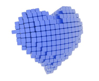 mavi kalp 3D modeli, bloklar oluşan-beyaz bir arka planda izole küpler. Piksel veya Voksel sanatı.