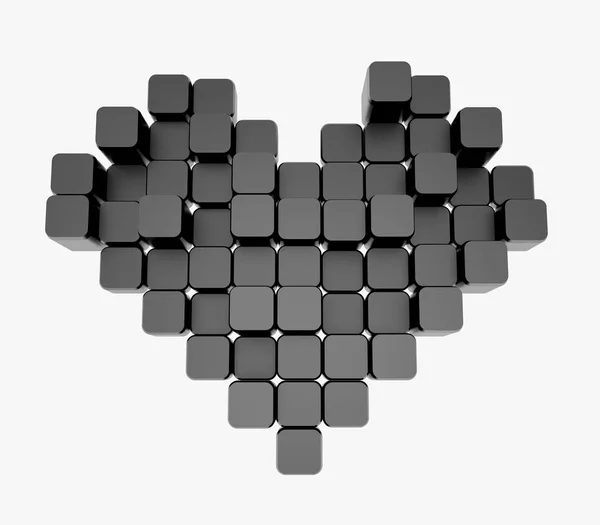 3D модель чорного серця, що складається з блоків - кубиків, ізольованих на білому тлі. Піксель, або воксельне мистецтво . — стокове фото