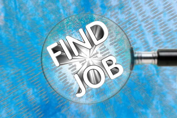 Inscription FIND JOB through a magnifying glass on an abstract background. Job search concept.