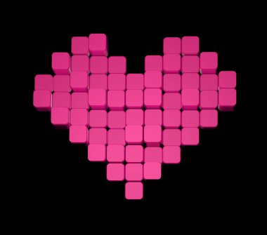 Pembe kalp 3D modeli, bloklar oluşan-siyah bir arka planda izole küpleri. Piksel veya Voksel sanatı.