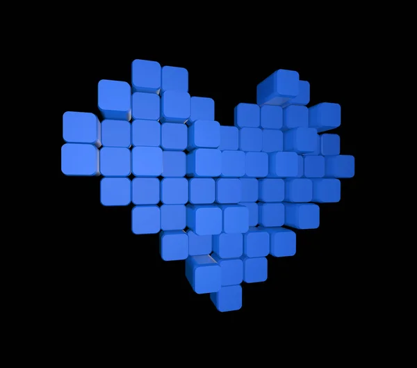 Model 3D niebieskiego serca, składający się z bloków-kostki izolowane na czarnym tle. Pixel lub Voxel art. — Zdjęcie stockowe