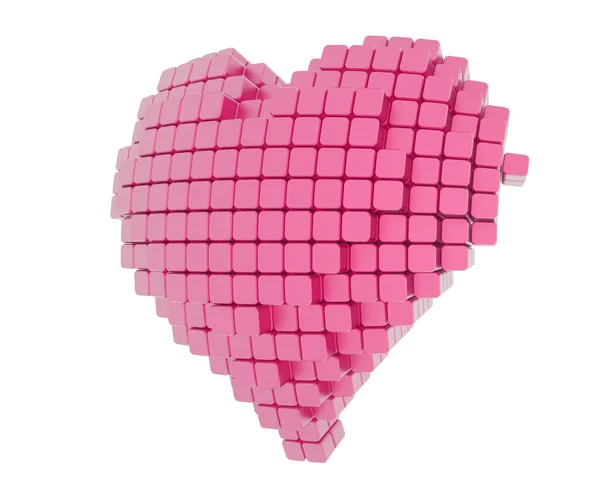 Model 3D różowego serca, składający się z bloków-kostki izolowane na białym tle. Pixel lub Voxel art. — Zdjęcie stockowe