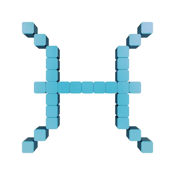 O signo mais simplificado do zodíaco dos Peixes é isolado no branco, criado em 3D a partir de cubos azuis, voxels ou pixels de arte . — Fotografia de Stock