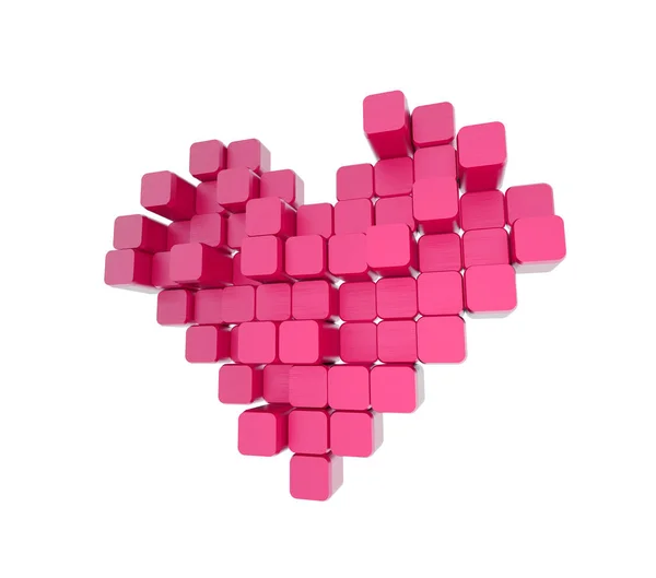 3D model of the pink heart, consisting of blocks - cubes isolated on a white background. Pixel, or voxel art. — Stock Photo, Image