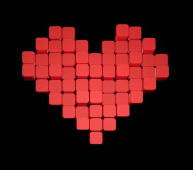 Kırmızı kalp 3D modeli, bloklar oluşan-siyah bir arka planda izole küpleri. Piksel veya Voksel sanatı.