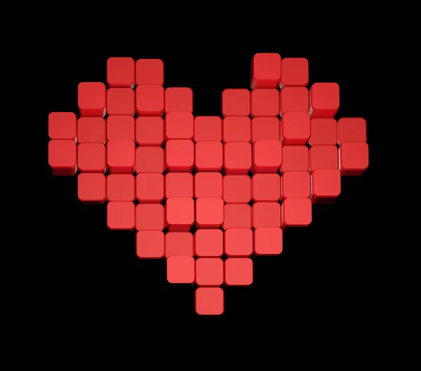 3D model of the red heart, consisting of blocks - cubes isolated on a black background. Pixel, or voxel art. — Stock Photo, Image