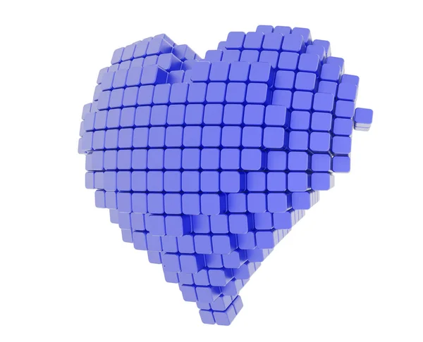 흰색 배경에 고립 된 블록 큐브로 구성 된 파란색 심장의 3d 모델. 픽셀 또는 복 셀 아트. — 스톡 사진