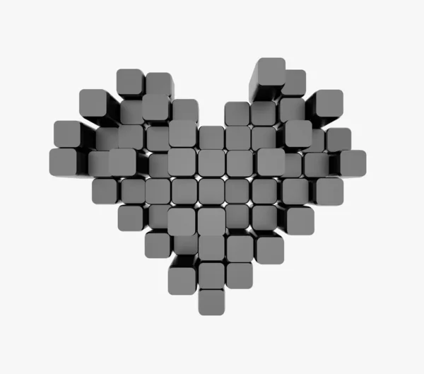 Model 3D czarnego serca, składający się z bloków-kostki izolowane na białym tle. Pixel lub Voxel art. — Zdjęcie stockowe