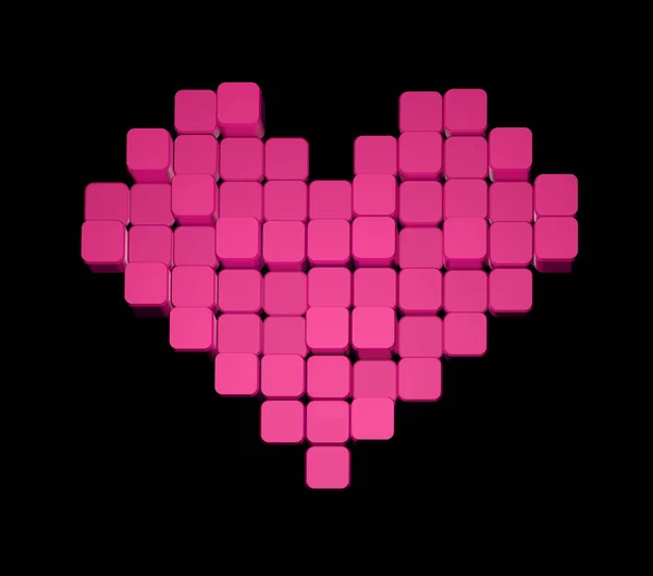 Model 3D różowego serca, składający się z bloków-kostki izolowane na czarnym tle. Pixel lub Voxel art. — Zdjęcie stockowe