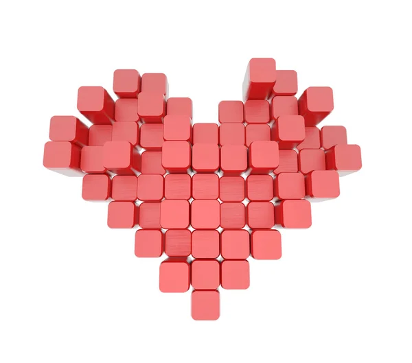 Modèle 3D du cœur rouge, composé de blocs - cubes isolés sur un fond blanc. Pixel, ou voxel art . — Photo