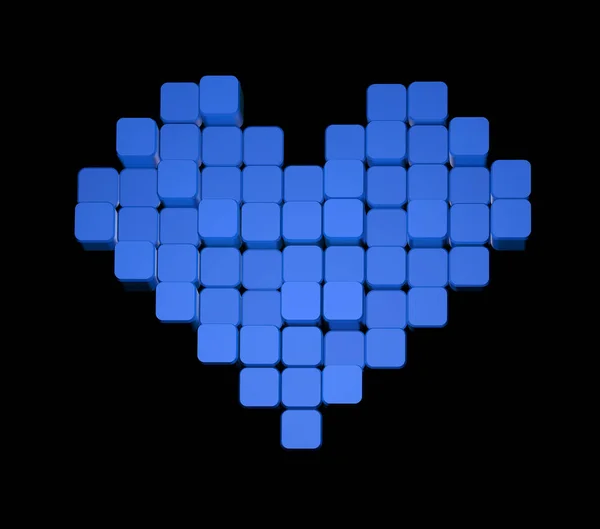 Model 3D niebieskiego serca, składający się z bloków-kostki izolowane na czarnym tle. Pixel lub Voxel art. — Zdjęcie stockowe