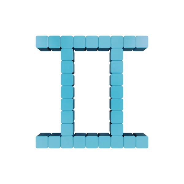 双子座最简化的生肖符号在白色上隔离，由蓝色立方体、体素或像素艺术以 3d 形式创建. — 图库照片